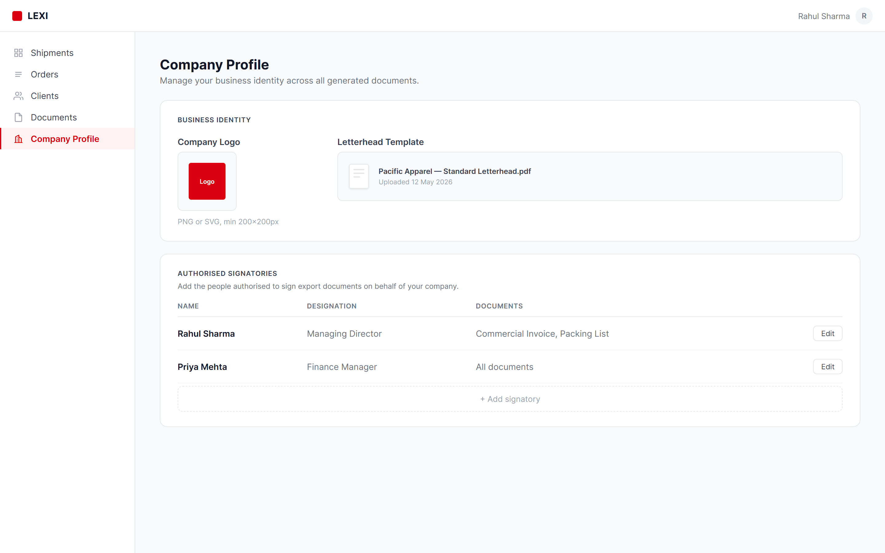 Company profile — letterhead and signatories