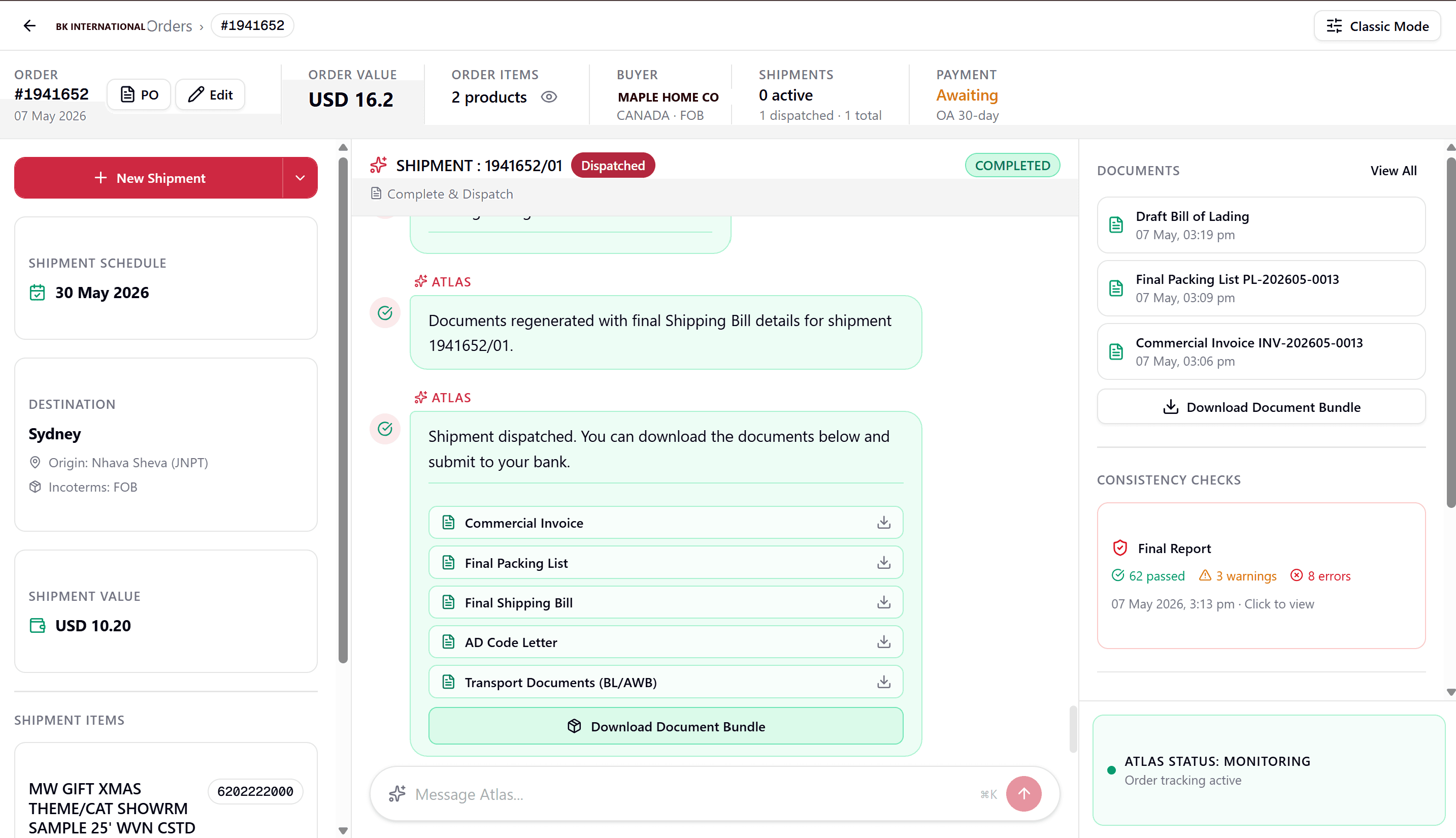 Atlas AI — completed export document bundle ready for bank submission